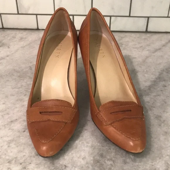 Lauren Ralph Lauren Pumps Womens 7.5 Brown Leather Esme Penny Loafer Heels - Picture 2 of 10